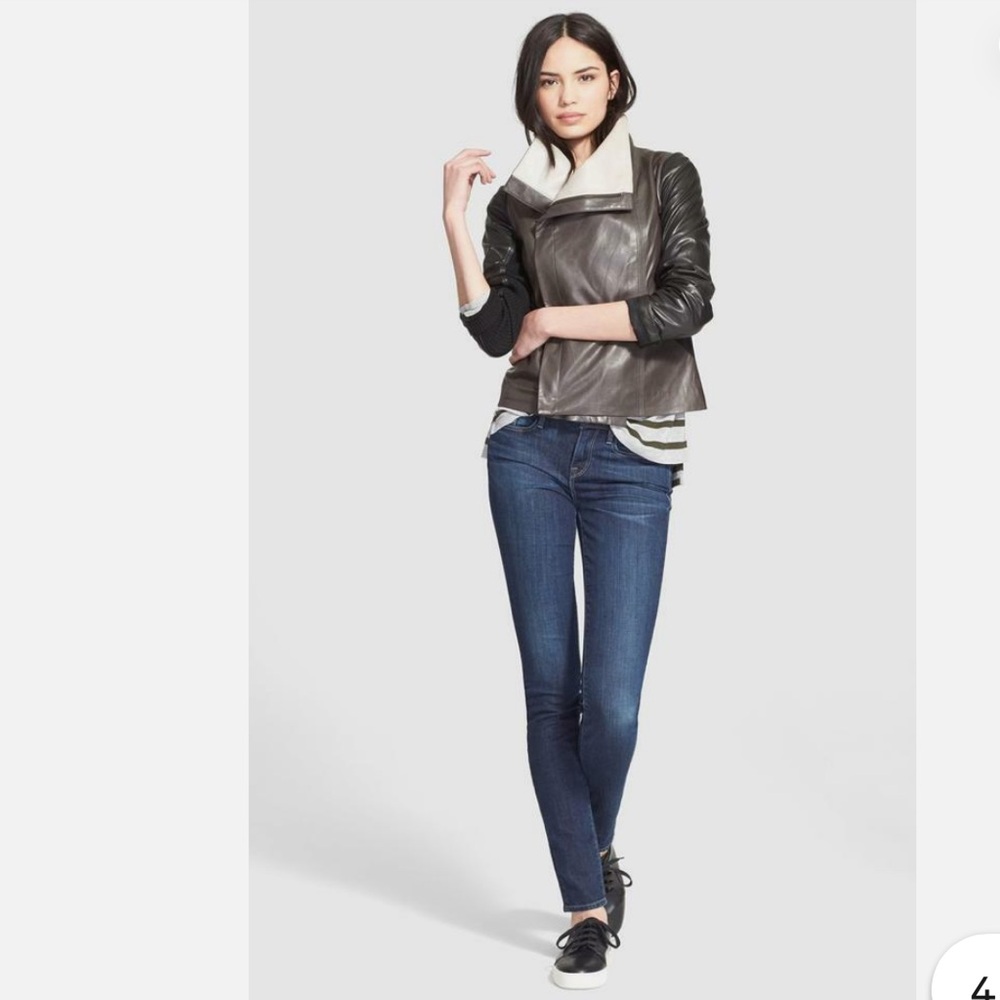 Vince Colorblock Lambskin Leather Jacket Black Gray Women's Size Medium $1,085